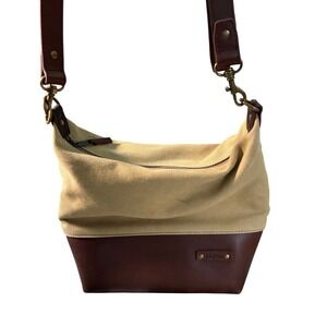 LL Bean Canvas Leather Crossbody Bag Tan Brown Map Lining Brass Hardware